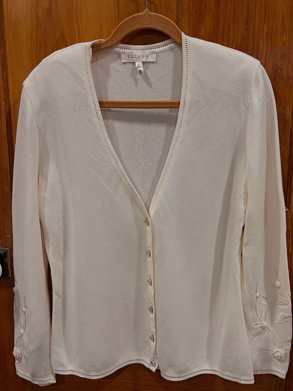 Escada Ivory Knit Button-Down Cardigan with Floral Sleeve Detail
